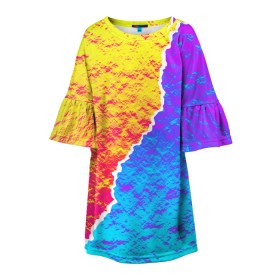 Детское платье 3D с принтом Цветные переливы в Екатеринбурге, 100% полиэстер | прямой силуэт, чуть расширенный к низу. Круглая горловина, на рукавах — воланы | Тематика изображения на принте: абстрактный | блестящие | волны | геометрия | градиент | краски | летний | лето | море | небо | неоновые | облака | океан | перламутр | поп | радуга | радужный | разноцветные | река | ретро | русалка