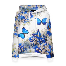 Женская толстовка 3D с принтом Butterfly | Blue White в Екатеринбурге, 100% полиэстер  | двухслойный капюшон со шнурком для регулировки, мягкие манжеты на рукавах и по низу толстовки, спереди карман-кенгуру с мягким внутренним слоем. | butterfly | earth | flowers | forest | neon | бабочки | весенняя | весна | зелень | земля | зима | зимняя | искусство | краски | лес | летняя | лето | море | неон | океан | осенняя | природа | приятная | растения | рестение