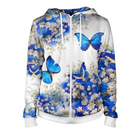 Женская толстовка 3D на молнии с принтом Butterfly | Blue White в Екатеринбурге, 100% полиэстер | длина до линии бедра, манжеты и пояс оформлены мягкой тканевой резинкой, двухслойный капюшон со шнурком для регулировки, спереди молния, по бокам два кармана | butterfly | earth | flowers | forest | neon | бабочки | весенняя | весна | зелень | земля | зима | зимняя | искусство | краски | лес | летняя | лето | море | неон | океан | осенняя | природа | приятная | растения | рестение