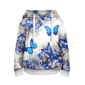 Детская толстовка 3D с принтом Butterfly | Blue White в Екатеринбурге, 100% полиэстер | двухслойный капюшон со шнурком для регулировки, мягкие манжеты на рукавах и по низу толстовки, спереди карман-кенгуру с мягким внутренним слоем | butterfly | earth | flowers | forest | neon | бабочки | весенняя | весна | зелень | земля | зима | зимняя | искусство | краски | лес | летняя | лето | море | неон | океан | осенняя | природа | приятная | растения | рестение