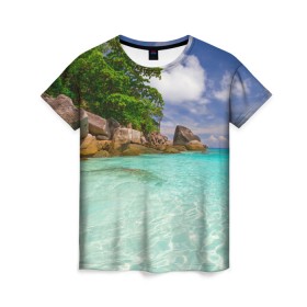 Женская футболка 3D с принтом Пхукет в Екатеринбурге, 100% полиэфир ( синтетическое хлопкоподобное полотно) | прямой крой, круглый вырез горловины, длина до линии бедер | phuket | бангкок | королевство | курорт | море | острова | отдых | пальмы | песок | пляж | природа | путешествие | солнце | тай | тайланд