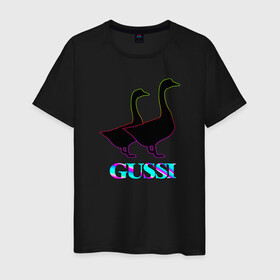 Мужская футболка хлопок с принтом Gussi в Екатеринбурге, 100% хлопок | прямой крой, круглый вырез горловины, длина до линии бедер, слегка спущенное плечо. | gucci | gussi | антибренд | бренд | гуси | гусь | гучи | гуччи | мем | мемы | неон | прикол