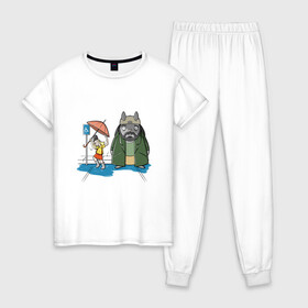 Женская пижама хлопок с принтом Тоторо (Джей и Боб) в Екатеринбурге, 100% хлопок | брюки и футболка прямого кроя, без карманов, на брюках мягкая резинка на поясе и по низу штанин | Тематика изображения на принте: forest | ghibli | japan | miyazaki | nature | neigbor | neighbour | totoro | анимация | аниме | гибли | друг | животные | лес | любовь | милый | мир | миядзаки | мульт | мультфильм | приключения | природа | сказка | сосед | тоторо