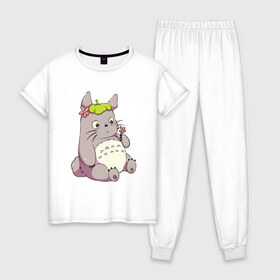 Женская пижама хлопок с принтом Little Totoro в Екатеринбурге, 100% хлопок | брюки и футболка прямого кроя, без карманов, на брюках мягкая резинка на поясе и по низу штанин | Тематика изображения на принте: forest | ghibli | japan | miyazaki | nature | neigbor | neighbour | totoro | анимация | аниме | гибли | друг | животные | лес | любовь | милый | мир | миядзаки | мульт | мультфильм | приключения | природа | сказка | сосед | тоторо