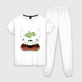 Женская пижама хлопок с принтом Scream Totoro в Екатеринбурге, 100% хлопок | брюки и футболка прямого кроя, без карманов, на брюках мягкая резинка на поясе и по низу штанин | Тематика изображения на принте: forest | ghibli | japan | miyazaki | nature | neigbor | neighbour | totoro | анимация | аниме | гибли | друг | животные | лес | любовь | милый | мир | миядзаки | мульт | мультфильм | приключения | природа | сказка | сосед | тоторо