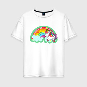 Женская футболка хлопок Oversize с принтом Единорог с радугой в Екатеринбурге, 100% хлопок | свободный крой, круглый ворот, спущенный рукав, длина до линии бедер
 | аниме | единорог | животные | звёзды | звери | картинки | мультфильмы | прикольные | радуга | сердца | цветы