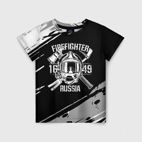 Детская футболка 3D с принтом FIREFIGHTER 1649 RUSSIA в Екатеринбурге, 100% гипоаллергенный полиэфир | прямой крой, круглый вырез горловины, длина до линии бедер, чуть спущенное плечо, ткань немного тянется | 112 | 27 декабря | firefighter | багор | белая | герб | гкчс | знак | лого | логотип | маска | мчс | мчсник | пожарная охрана | пожарник | пожарный | пч | россии | рф | серая | символ | служба | состаренная