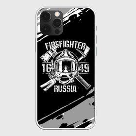 Чехол для iPhone 12 Pro с принтом FIREFIGHTER 1649 RUSSIA в Екатеринбурге, силикон | область печати: задняя сторона чехла, без боковых панелей | 112 | 27 декабря | firefighter | багор | белая | герб | гкчс | знак | лого | логотип | маска | мчс | мчсник | пожарная охрана | пожарник | пожарный | пч | россии | рф | серая | символ | служба | состаренная