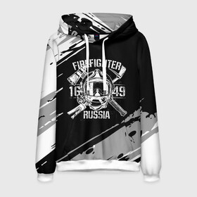 Мужская толстовка 3D с принтом FIREFIGHTER 1649 RUSSIA в Екатеринбурге, 100% полиэстер | двухслойный капюшон со шнурком для регулировки, мягкие манжеты на рукавах и по низу толстовки, спереди карман-кенгуру с мягким внутренним слоем. | 112 | 27 декабря | firefighter | багор | белая | герб | гкчс | знак | лого | логотип | маска | мчс | мчсник | пожарная охрана | пожарник | пожарный | пч | россии | рф | серая | символ | служба | состаренная