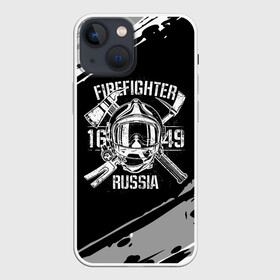 Чехол для iPhone 13 mini с принтом FIREFIGHTER 1649 RUSSIA в Екатеринбурге,  |  | Тематика изображения на принте: 112 | 27 декабря | firefighter | багор | белая | герб | гкчс | знак | лого | логотип | маска | мчс | мчсник | пожарная охрана | пожарник | пожарный | пч | россии | рф | серая | символ | служба | состаренная