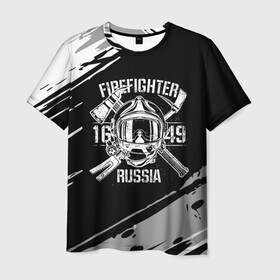 Мужская футболка 3D с принтом FIREFIGHTER 1649 RUSSIA в Екатеринбурге, 100% полиэфир | прямой крой, круглый вырез горловины, длина до линии бедер | Тематика изображения на принте: 112 | 27 декабря | firefighter | багор | белая | герб | гкчс | знак | лого | логотип | маска | мчс | мчсник | пожарная охрана | пожарник | пожарный | пч | россии | рф | серая | символ | служба | состаренная