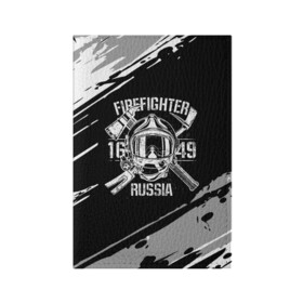 Обложка для паспорта матовая кожа с принтом FIREFIGHTER 1649 RUSSIA в Екатеринбурге, натуральная матовая кожа | размер 19,3 х 13,7 см; прозрачные пластиковые крепления | 112 | 27 декабря | firefighter | багор | белая | герб | гкчс | знак | лого | логотип | маска | мчс | мчсник | пожарная охрана | пожарник | пожарный | пч | россии | рф | серая | символ | служба | состаренная
