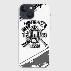 Чехол для iPhone 13 mini с принтом FIREFIGHTER 1649 RUSSIA в Екатеринбурге,  |  | Тематика изображения на принте: 112 | 27 декабря | firefighter | багор | белая | герб | гкчс | знак | лого | логотип | маска | мчс | мчсник | пожарная охрана | пожарник | пожарный | пч | россии | рф | серая | символ | служба | состаренная