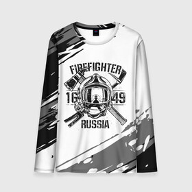 Мужской лонгслив 3D с принтом FIREFIGHTER 1649 RUSSIA в Екатеринбурге, 100% полиэстер | длинные рукава, круглый вырез горловины, полуприлегающий силуэт | Тематика изображения на принте: 112 | 27 декабря | firefighter | багор | белая | герб | гкчс | знак | лого | логотип | маска | мчс | мчсник | пожарная охрана | пожарник | пожарный | пч | россии | рф | серая | символ | служба | состаренная
