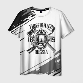 Мужская футболка 3D с принтом FIREFIGHTER 1649 RUSSIA в Екатеринбурге, 100% полиэфир | прямой крой, круглый вырез горловины, длина до линии бедер | 112 | 27 декабря | firefighter | багор | белая | герб | гкчс | знак | лого | логотип | маска | мчс | мчсник | пожарная охрана | пожарник | пожарный | пч | россии | рф | серая | символ | служба | состаренная