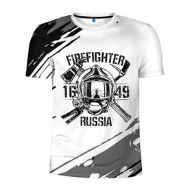 Мужская футболка 3D спортивная с принтом FIREFIGHTER 1649 RUSSIA в Екатеринбурге, 100% полиэстер с улучшенными характеристиками | приталенный силуэт, круглая горловина, широкие плечи, сужается к линии бедра | 112 | 27 декабря | firefighter | багор | белая | герб | гкчс | знак | лого | логотип | маска | мчс | мчсник | пожарная охрана | пожарник | пожарный | пч | россии | рф | серая | символ | служба | состаренная