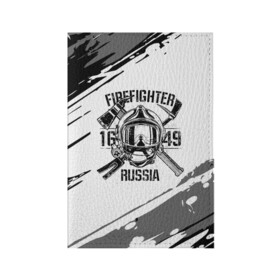 Обложка для паспорта матовая кожа с принтом FIREFIGHTER 1649 RUSSIA в Екатеринбурге, натуральная матовая кожа | размер 19,3 х 13,7 см; прозрачные пластиковые крепления | Тематика изображения на принте: 112 | 27 декабря | firefighter | багор | белая | герб | гкчс | знак | лого | логотип | маска | мчс | мчсник | пожарная охрана | пожарник | пожарный | пч | россии | рф | серая | символ | служба | состаренная