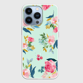 Чехол для iPhone 13 Pro с принтом Цветы в Екатеринбурге,  |  | Тематика изображения на принте: 2020 | summer | желтый | зеленый | летний принт | лето | розовые цветы | розовый | цветочки | цветы