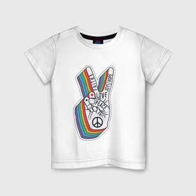 Детская футболка хлопок с принтом PEACE LOVE HOPE (Z) в Екатеринбурге, 100% хлопок | круглый вырез горловины, полуприлегающий силуэт, длина до линии бедер | Тематика изображения на принте: hope | love | peace | два пальца | жесть | знак | любить | любовь | мир | радуга | хипи | хиппи