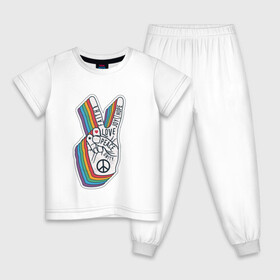 Детская пижама хлопок с принтом PEACE LOVE HOPE (Z) в Екатеринбурге, 100% хлопок |  брюки и футболка прямого кроя, без карманов, на брюках мягкая резинка на поясе и по низу штанин
 | hope | love | peace | два пальца | жесть | знак | любить | любовь | мир | радуга | хипи | хиппи