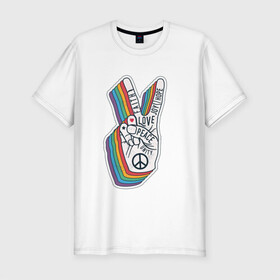 Мужская футболка хлопок Slim с принтом PEACE LOVE HOPE (Z) в Екатеринбурге, 92% хлопок, 8% лайкра | приталенный силуэт, круглый вырез ворота, длина до линии бедра, короткий рукав | hope | love | peace | два пальца | жесть | знак | любить | любовь | мир | радуга | хипи | хиппи