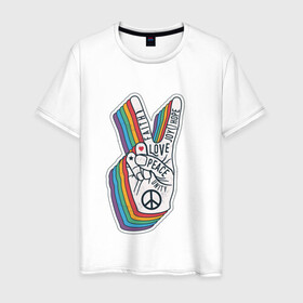 Мужская футболка хлопок с принтом PEACE LOVE HOPE (Z) в Екатеринбурге, 100% хлопок | прямой крой, круглый вырез горловины, длина до линии бедер, слегка спущенное плечо. | hope | love | peace | два пальца | жесть | знак | любить | любовь | мир | радуга | хипи | хиппи