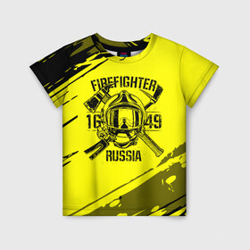 Детская футболка 3D с принтом FIREFIGHTER 1649 RUSSIA в Екатеринбурге, 100% гипоаллергенный полиэфир | прямой крой, круглый вырез горловины, длина до линии бедер, чуть спущенное плечо, ткань немного тянется | 112 | firefighter | багор | герб | гкчс | желтая | знак | лого | логотип | мчс | мчсник | пожарная охрана | пожарник | пожарный | пч | россии | рф | серая | символ | служба | спасатель | спасения | топор | флаг