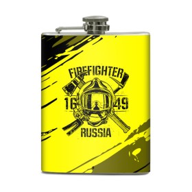 Фляга с принтом FIREFIGHTER 1649 RUSSIA в Екатеринбурге, металлический корпус | емкость 0,22 л, размер 125 х 94 мм. Виниловая наклейка запечатывается полностью | Тематика изображения на принте: 112 | firefighter | багор | герб | гкчс | желтая | знак | лого | логотип | мчс | мчсник | пожарная охрана | пожарник | пожарный | пч | россии | рф | серая | символ | служба | спасатель | спасения | топор | флаг