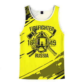 Мужская майка 3D с принтом FIREFIGHTER 1649 RUSSIA в Екатеринбурге, 100% полиэстер | круглая горловина, приталенный силуэт, длина до линии бедра. Пройма и горловина окантованы тонкой бейкой | Тематика изображения на принте: 112 | firefighter | багор | герб | гкчс | желтая | знак | лого | логотип | мчс | мчсник | пожарная охрана | пожарник | пожарный | пч | россии | рф | серая | символ | служба | спасатель | спасения | топор | флаг