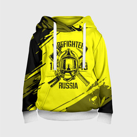 Детская толстовка 3D с принтом FIREFIGHTER 1649 RUSSIA в Екатеринбурге, 100% полиэстер | двухслойный капюшон со шнурком для регулировки, мягкие манжеты на рукавах и по низу толстовки, спереди карман-кенгуру с мягким внутренним слоем | 112 | firefighter | багор | герб | гкчс | желтая | знак | лого | логотип | мчс | мчсник | пожарная охрана | пожарник | пожарный | пч | россии | рф | серая | символ | служба | спасатель | спасения | топор | флаг