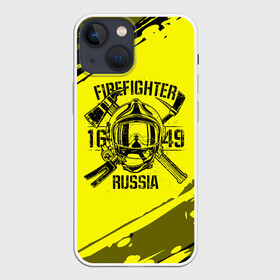 Чехол для iPhone 13 mini с принтом FIREFIGHTER 1649 RUSSIA в Екатеринбурге,  |  | 112 | firefighter | багор | герб | гкчс | желтая | знак | лого | логотип | мчс | мчсник | пожарная охрана | пожарник | пожарный | пч | россии | рф | серая | символ | служба | спасатель | спасения | топор | флаг