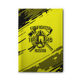 Обложка для автодокументов с принтом FIREFIGHTER 1649 RUSSIA в Екатеринбурге, натуральная кожа |  размер 19,9*13 см; внутри 4 больших “конверта” для документов и один маленький отдел — туда идеально встанут права | Тематика изображения на принте: 112 | firefighter | багор | герб | гкчс | желтая | знак | лого | логотип | мчс | мчсник | пожарная охрана | пожарник | пожарный | пч | россии | рф | серая | символ | служба | спасатель | спасения | топор | флаг