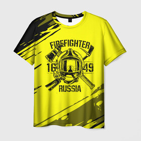 Мужская футболка 3D с принтом FIREFIGHTER 1649 RUSSIA в Екатеринбурге, 100% полиэфир | прямой крой, круглый вырез горловины, длина до линии бедер | Тематика изображения на принте: 112 | firefighter | багор | герб | гкчс | желтая | знак | лого | логотип | мчс | мчсник | пожарная охрана | пожарник | пожарный | пч | россии | рф | серая | символ | служба | спасатель | спасения | топор | флаг