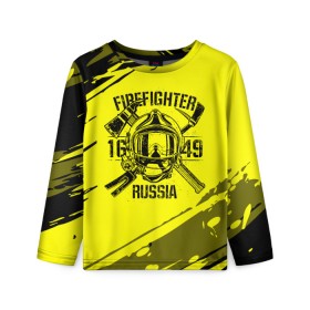 Детский лонгслив 3D с принтом FIREFIGHTER 1649 RUSSIA в Екатеринбурге, 100% полиэстер | длинные рукава, круглый вырез горловины, полуприлегающий силуэт
 | 112 | firefighter | багор | герб | гкчс | желтая | знак | лого | логотип | мчс | мчсник | пожарная охрана | пожарник | пожарный | пч | россии | рф | серая | символ | служба | спасатель | спасения | топор | флаг
