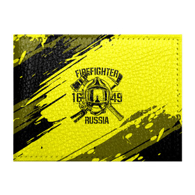 Обложка для студенческого билета с принтом FIREFIGHTER 1649 RUSSIA в Екатеринбурге, натуральная кожа | Размер: 11*8 см; Печать на всей внешней стороне | 112 | firefighter | багор | герб | гкчс | желтая | знак | лого | логотип | мчс | мчсник | пожарная охрана | пожарник | пожарный | пч | россии | рф | серая | символ | служба | спасатель | спасения | топор | флаг
