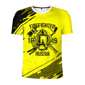 Мужская футболка 3D спортивная с принтом FIREFIGHTER 1649 RUSSIA в Екатеринбурге, 100% полиэстер с улучшенными характеристиками | приталенный силуэт, круглая горловина, широкие плечи, сужается к линии бедра | Тематика изображения на принте: 112 | firefighter | багор | герб | гкчс | желтая | знак | лого | логотип | мчс | мчсник | пожарная охрана | пожарник | пожарный | пч | россии | рф | серая | символ | служба | спасатель | спасения | топор | флаг