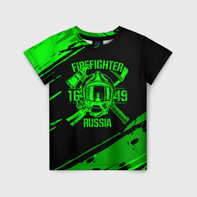 Детская футболка 3D с принтом FIREFIGHTER 1649 RUSSIA в Екатеринбурге, 100% гипоаллергенный полиэфир | прямой крой, круглый вырез горловины, длина до линии бедер, чуть спущенное плечо, ткань немного тянется | 112 | firefighter | багор | герб | гкчс | зеленая | знак | лого | логотип | мчс | мчсник | пожарная охрана | пожарник | пожарный | пч | россии | рф | серая | символ | служба | спасатель | спасения | топор | флаг