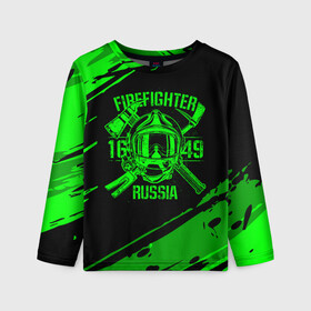 Детский лонгслив 3D с принтом FIREFIGHTER 1649 RUSSIA в Екатеринбурге, 100% полиэстер | длинные рукава, круглый вырез горловины, полуприлегающий силуэт
 | 112 | firefighter | багор | герб | гкчс | зеленая | знак | лого | логотип | мчс | мчсник | пожарная охрана | пожарник | пожарный | пч | россии | рф | серая | символ | служба | спасатель | спасения | топор | флаг