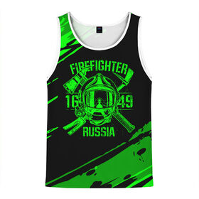 Мужская майка 3D с принтом FIREFIGHTER 1649 RUSSIA в Екатеринбурге, 100% полиэстер | круглая горловина, приталенный силуэт, длина до линии бедра. Пройма и горловина окантованы тонкой бейкой | 112 | firefighter | багор | герб | гкчс | зеленая | знак | лого | логотип | мчс | мчсник | пожарная охрана | пожарник | пожарный | пч | россии | рф | серая | символ | служба | спасатель | спасения | топор | флаг