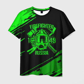 Мужская футболка 3D с принтом FIREFIGHTER 1649 RUSSIA в Екатеринбурге, 100% полиэфир | прямой крой, круглый вырез горловины, длина до линии бедер | Тематика изображения на принте: 112 | firefighter | багор | герб | гкчс | зеленая | знак | лого | логотип | мчс | мчсник | пожарная охрана | пожарник | пожарный | пч | россии | рф | серая | символ | служба | спасатель | спасения | топор | флаг