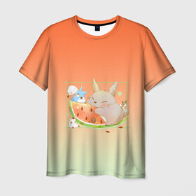 Мужская футболка 3D с принтом Семейство Тоторо ест арбуз  в Екатеринбурге, 100% полиэфир | прямой крой, круглый вырез горловины, длина до линии бедер | аниме | арбуз | арт | вкуснота | вкусняшка | гибли | кот | котобус | котя | красный | лето | миядзаки хаяо | мой сосед тоторо | персонаж | рамка | розовый | сочный | студия гибли | тоторо | фрукт | ягода