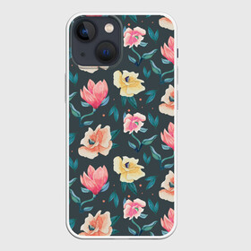 Чехол для iPhone 13 mini с принтом Акварельные цветы в Екатеринбурге,  |  | floral | flowers | pastel | pattern | pink | texture | watercolor | акварель | букет | картина | красками | краски | листья | маки | настроение | пастель | пионы | рисунок | розовые | розы | ромашки | сад | цветки | цветочки