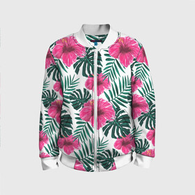 Детский бомбер 3D с принтом Гавайский гибискус в Екатеринбурге, 100% полиэстер | застегивается на молнию, по бокам два кармана без застежек, мягкие манжеты, по низу бомбера и на воротнике — эластичная резинка | flower | hawaii | hibiscus | palms | summer | sun | ботаника | гаваи | гавайи | гавайка | гавайская | гибискус | красочная | летняя | лето | листья | отдых | отпуск | пальма | пальмы | пляж | растения | символ