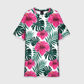 Детское платье 3D с принтом Гавайский гибискус в Екатеринбурге, 100% полиэстер | прямой силуэт, чуть расширенный к низу. Круглая горловина, на рукавах — воланы | Тематика изображения на принте: flower | hawaii | hibiscus | palms | summer | sun | ботаника | гаваи | гавайи | гавайка | гавайская | гибискус | красочная | летняя | лето | листья | отдых | отпуск | пальма | пальмы | пляж | растения | символ