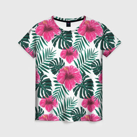 Женская футболка 3D с принтом Гавайский гибискус в Екатеринбурге, 100% полиэфир ( синтетическое хлопкоподобное полотно) | прямой крой, круглый вырез горловины, длина до линии бедер | flower | hawaii | hibiscus | palms | summer | sun | ботаника | гаваи | гавайи | гавайка | гавайская | гибискус | красочная | летняя | лето | листья | отдых | отпуск | пальма | пальмы | пляж | растения | символ