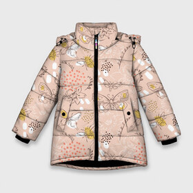 Зимняя куртка для девочек 3D с принтом Бабочки и пчелы в Екатеринбурге, ткань верха — 100% полиэстер; подклад — 100% полиэстер, утеплитель — 100% полиэстер. | длина ниже бедра, удлиненная спинка, воротник стойка и отстегивающийся капюшон. Есть боковые карманы с листочкой на кнопках, утяжки по низу изделия и внутренний карман на молнии. 

Предусмотрены светоотражающий принт на спинке, радужный светоотражающий элемент на пуллере молнии и на резинке для утяжки. | bee | bees | bumblebee | butterfly | flowers | for summer | honeybee | summer | бабочка | бабочки | букет | искусство | картина | краски | легкая | летняя | лето | на лето | нектар | опыление | опыляет | пастельные тона | пчелы | рисовани