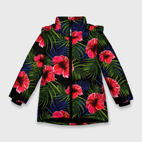 Зимняя куртка для девочек 3D с принтом Тропические цветы и листья в Екатеринбурге, ткань верха — 100% полиэстер; подклад — 100% полиэстер, утеплитель — 100% полиэстер. | длина ниже бедра, удлиненная спинка, воротник стойка и отстегивающийся капюшон. Есть боковые карманы с листочкой на кнопках, утяжки по низу изделия и внутренний карман на молнии. 

Предусмотрены светоотражающий принт на спинке, радужный светоотражающий элемент на пуллере молнии и на резинке для утяжки. | Тематика изображения на принте: flower | flowers | palms | summer | sun | tropical | ботаника | гавайи hawaii | гавайка | гавайская | красочная | летняя | лето | листья | отдых | отпуск | пальма | пальмы | пляж | растения | символ | тропики | тропические