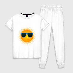 Женская пижама хлопок с принтом Солнышко в очках в Екатеринбурге, 100% хлопок | брюки и футболка прямого кроя, без карманов, на брюках мягкая резинка на поясе и по низу штанин | exclusive merch | жара | зной | каникулы | лето | отпуск | очки | солнце
