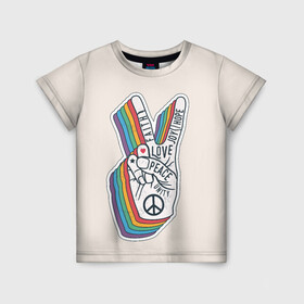Детская футболка 3D с принтом PEACE and LOVE (Z) в Екатеринбурге, 100% гипоаллергенный полиэфир | прямой крой, круглый вырез горловины, длина до линии бедер, чуть спущенное плечо, ткань немного тянется | Тематика изображения на принте: hope | love | peace | два пальца | жесть | знак | любить | любовь | мир | радуга | хипи | хиппи