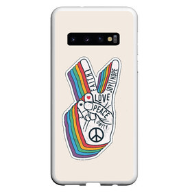 Чехол для Samsung Galaxy S10 с принтом PEACE and LOVE (Z) в Екатеринбурге, Силикон | Область печати: задняя сторона чехла, без боковых панелей | Тематика изображения на принте: hope | love | peace | два пальца | жесть | знак | любить | любовь | мир | радуга | хипи | хиппи